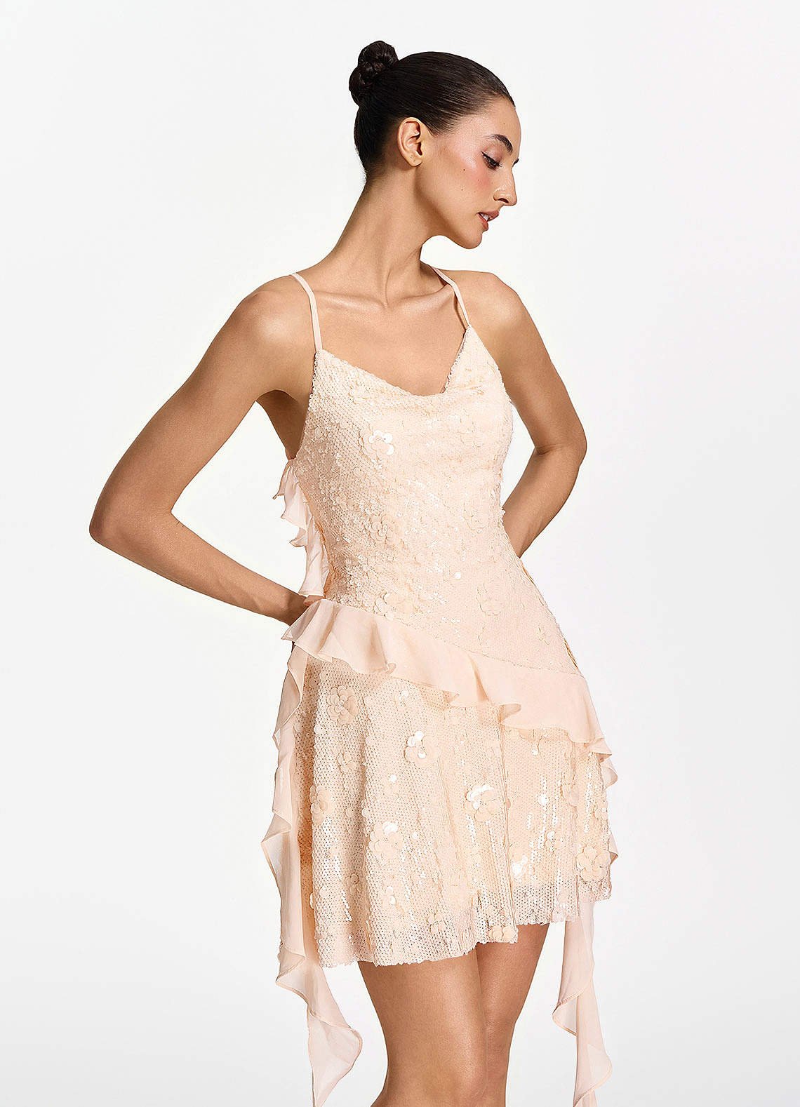 Honorata Bodycon Mini Cowl-Neck Sequined Stretch Mesh Prom Dress in Pink