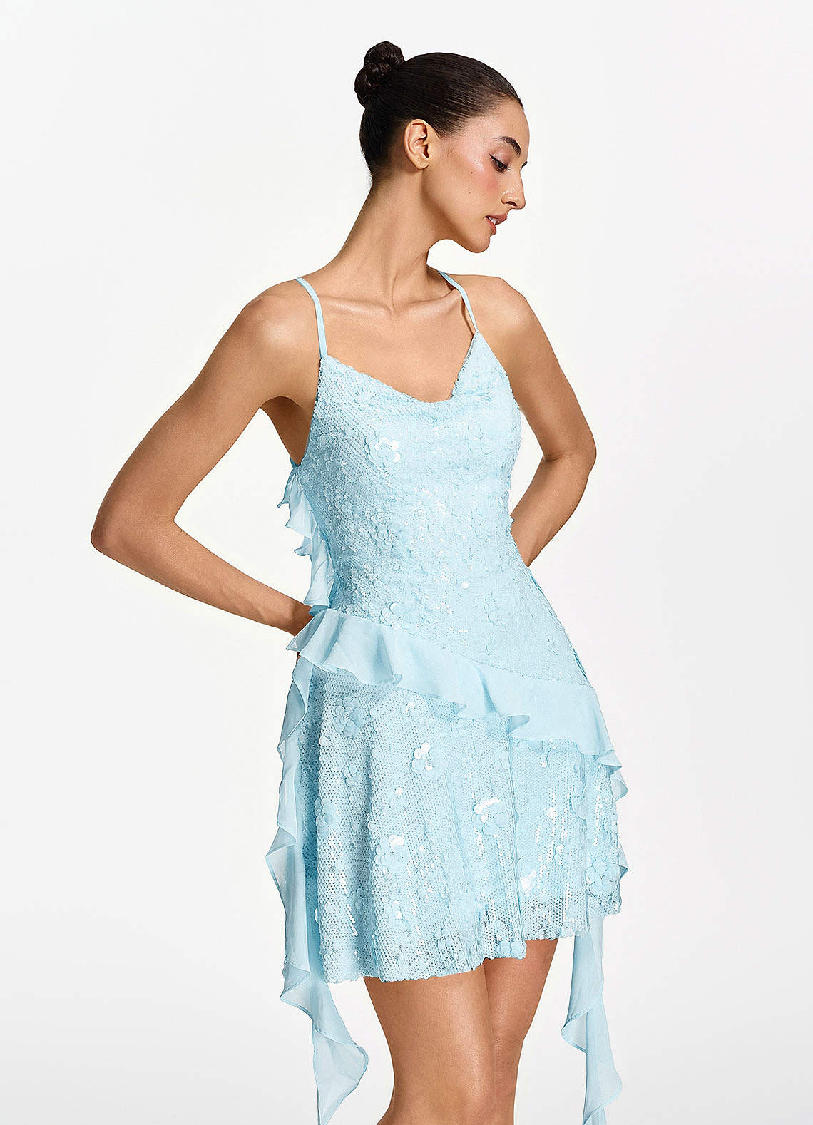 Honorata Bodycon Mini Cowl-Neck Sequined Stretch Mesh Prom Dress in Sky Blue
