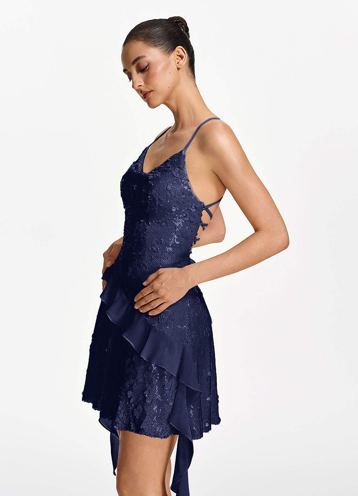 Honorata Bodycon Mini Cowl-Neck Sequined Stretch Mesh Prom Dress in Navy