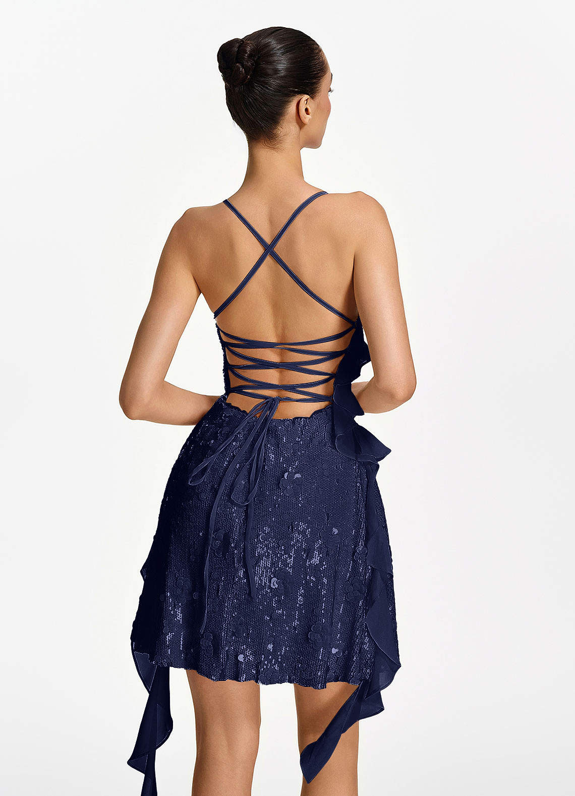 Honorata Bodycon Mini Cowl-Neck Sequined Stretch Mesh Prom Dress in Navy