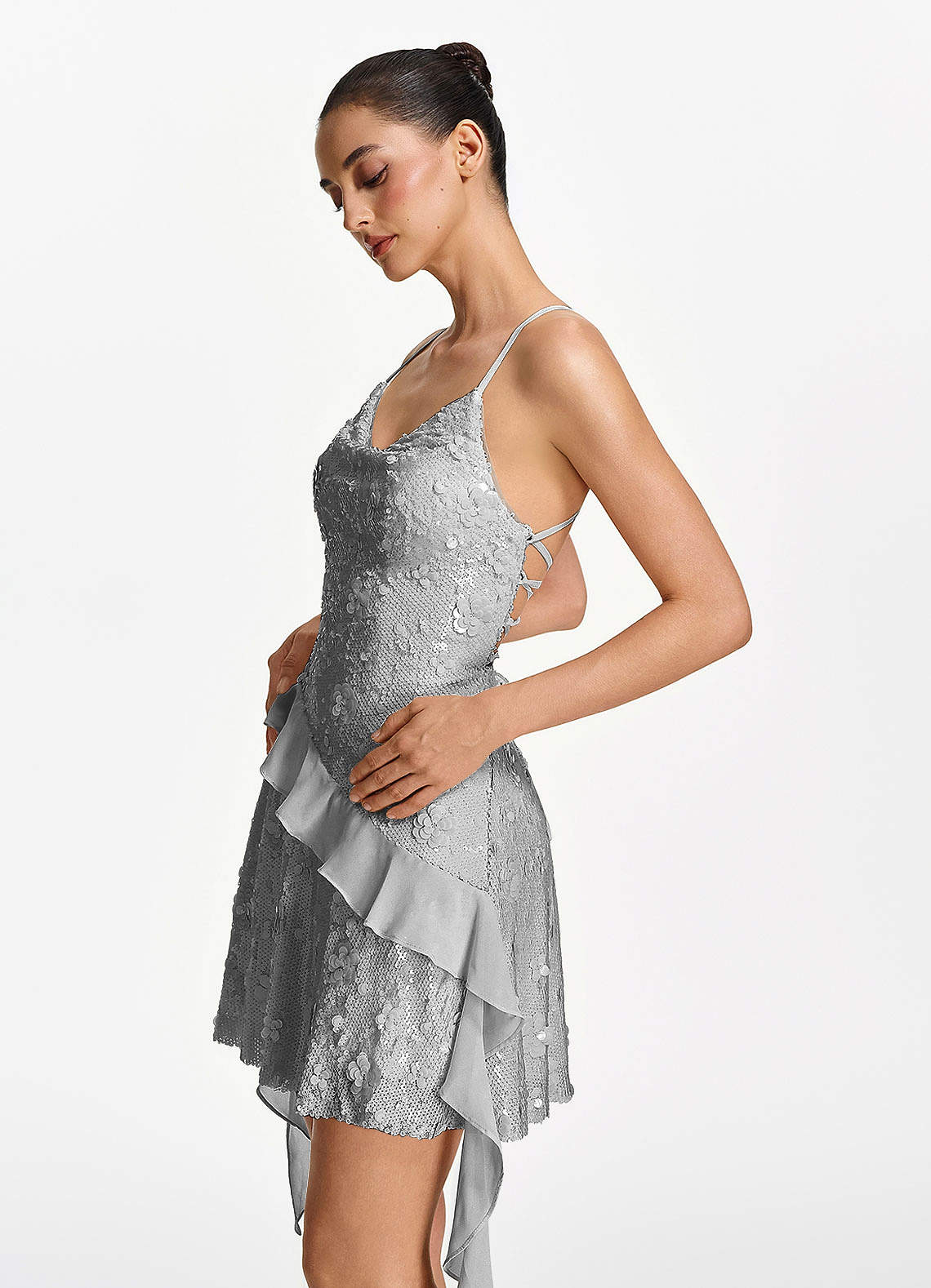 Honorata Bodycon Mini Cowl-Neck Sequined Stretch Mesh Prom Dress in Silver
