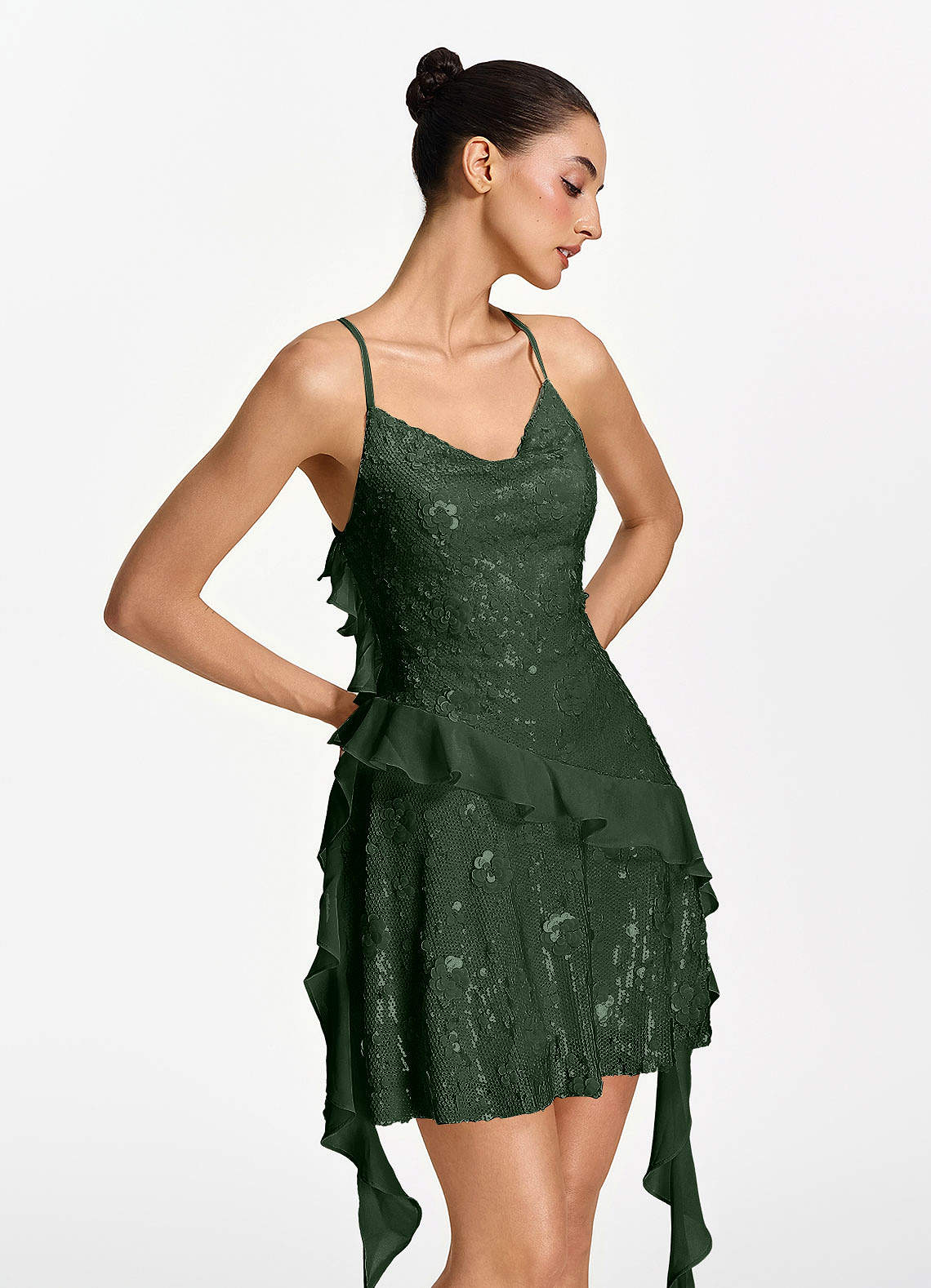 Honorata Bodycon Mini Cowl-Neck Sequined Stretch Mesh Prom Dress in Dark Green
