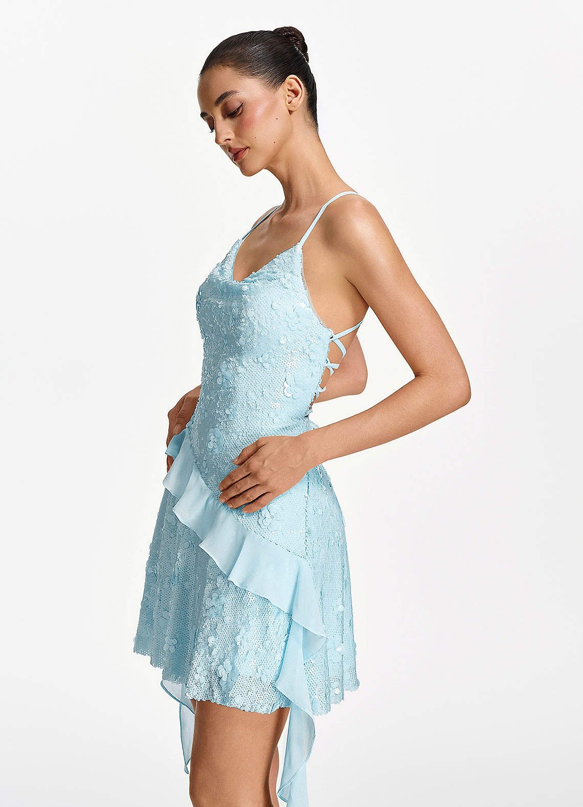 Honorata Bodycon Mini Cowl-Neck Sequined Stretch Mesh Prom Dress in Sky Blue