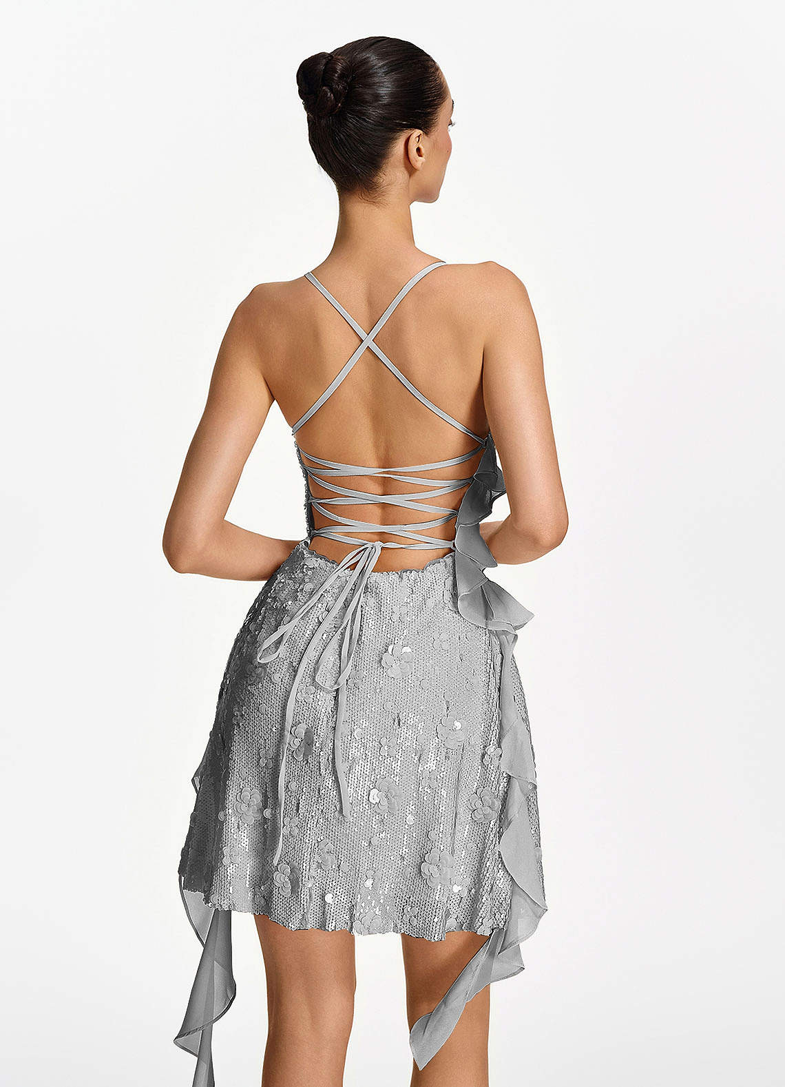 Honorata Bodycon Mini Cowl-Neck Sequined Stretch Mesh Prom Dress in Silver