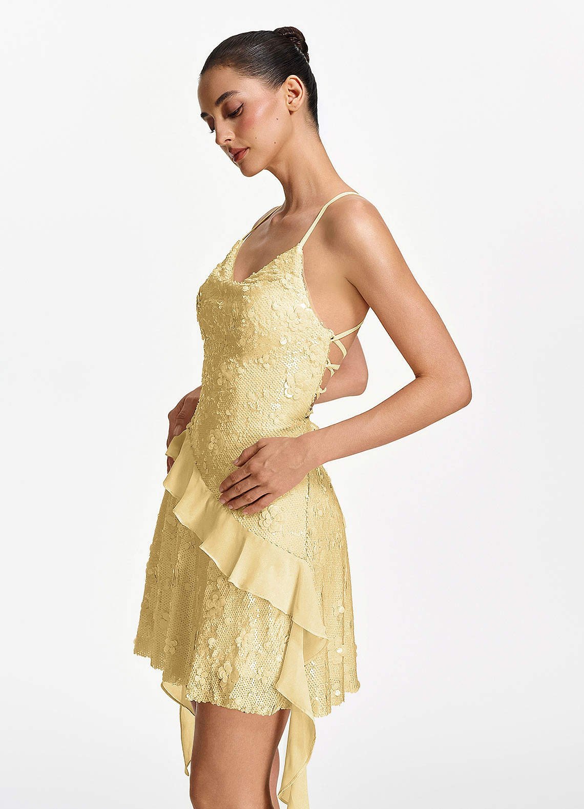 Honorata Bodycon Mini Cowl-Neck Sequined Stretch Mesh Prom Dress in Gold