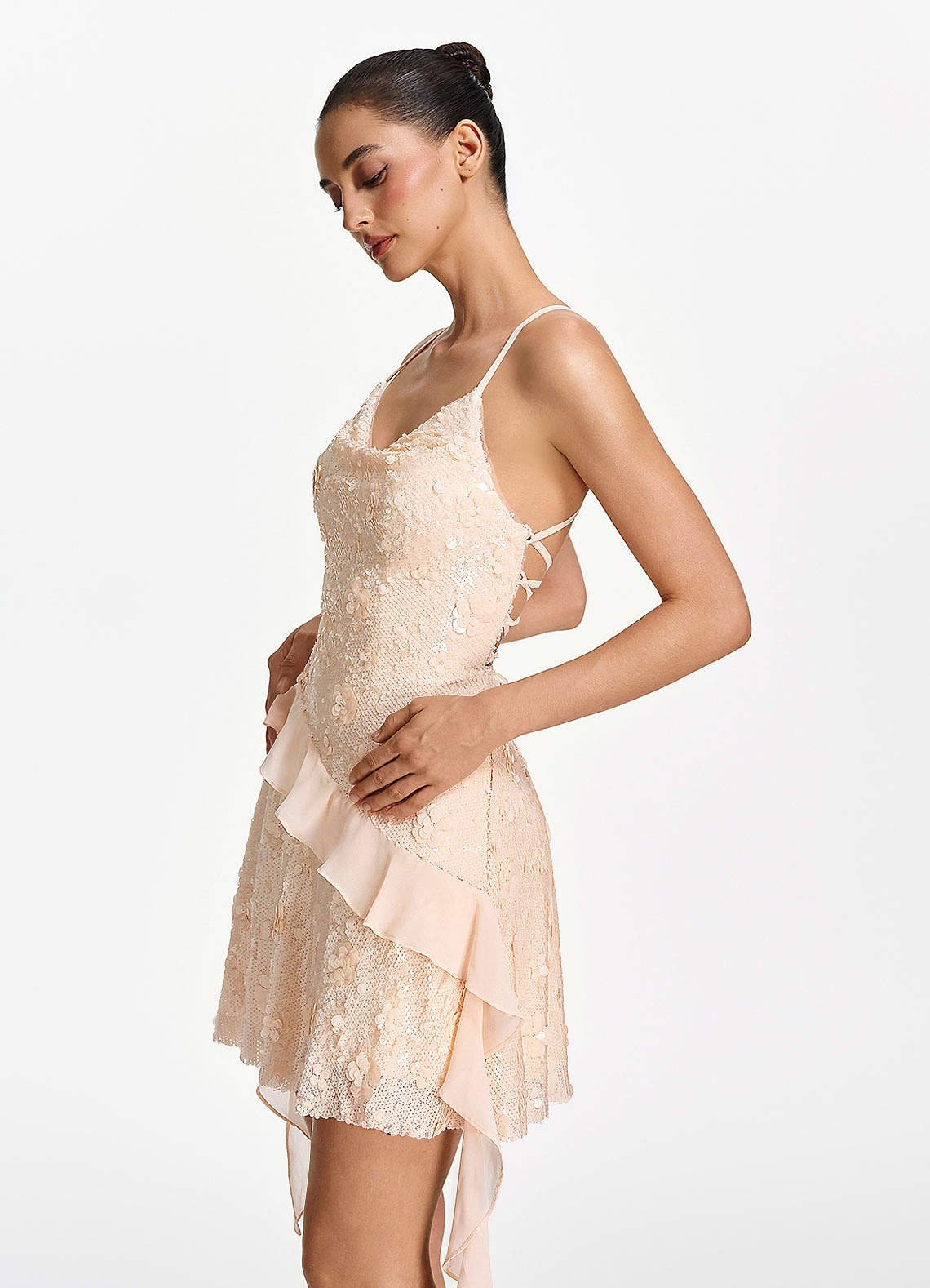 Honorata Bodycon Mini Cowl-Neck Sequined Stretch Mesh Prom Dress in Pink