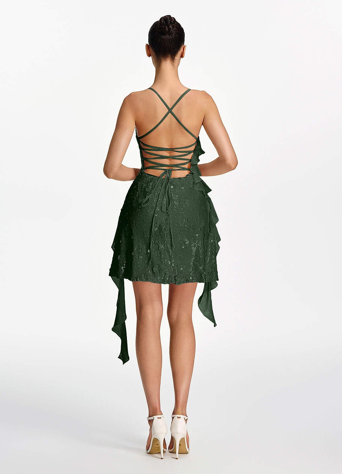 Honorata Bodycon Mini Cowl-Neck Sequined Stretch Mesh Prom Dress in Dark Green