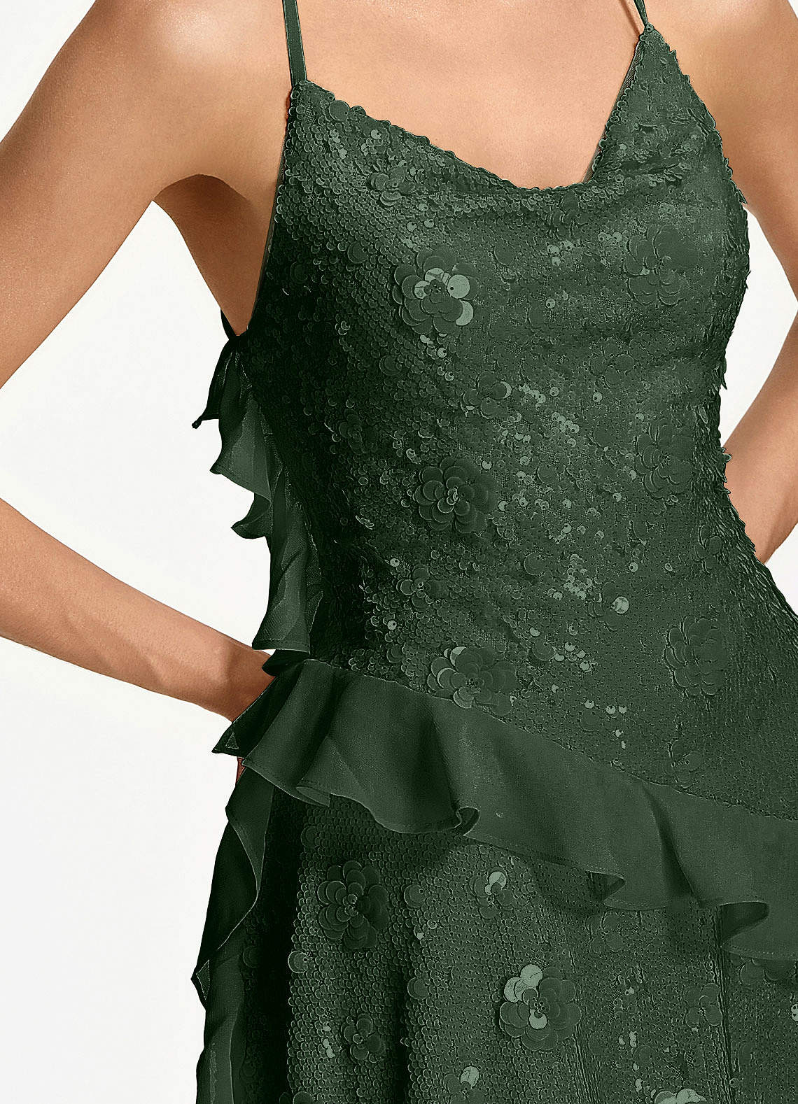 Honorata Bodycon Mini Cowl-Neck Sequined Stretch Mesh Prom Dress in Dark Green