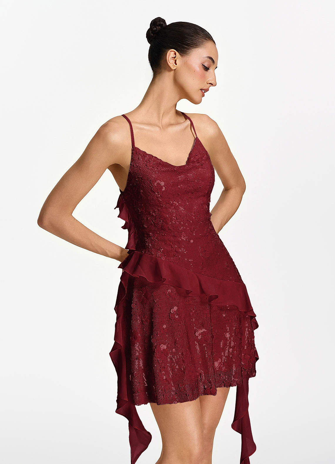 Honorata Bodycon Mini Cowl-Neck Sequined Stretch Mesh Prom Dress in Burgundy