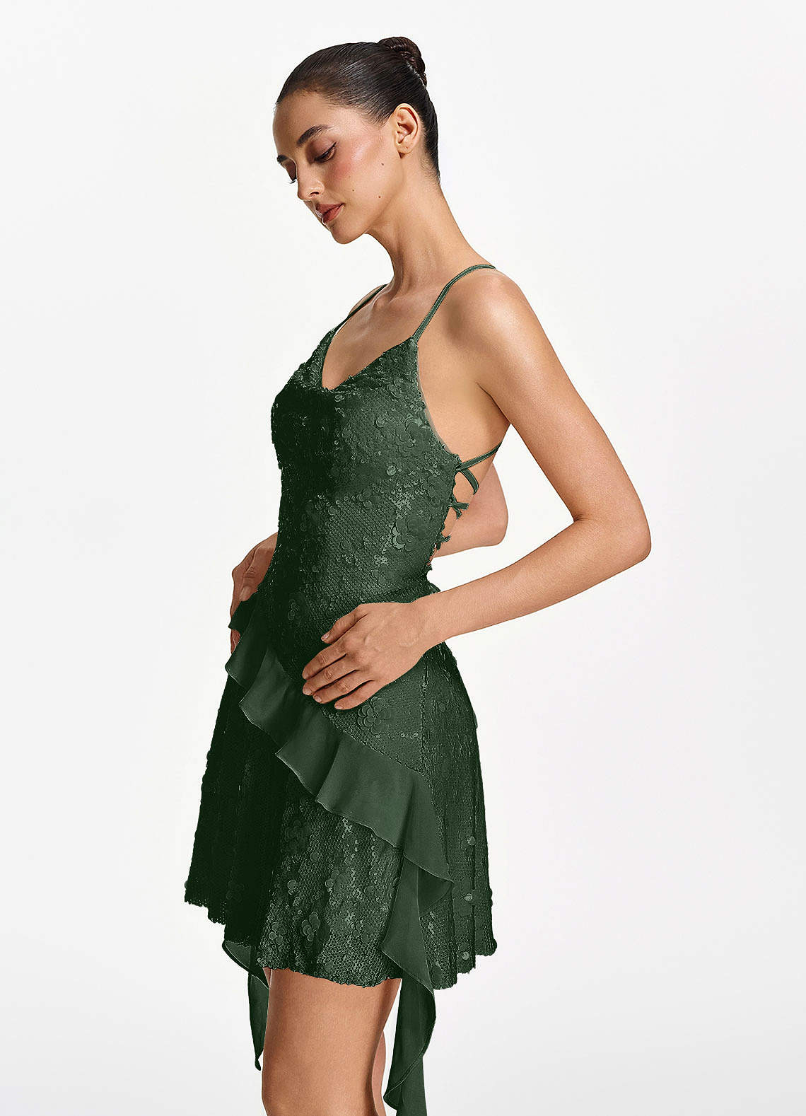 Honorata Bodycon Mini Cowl-Neck Sequined Stretch Mesh Prom Dress in Dark Green