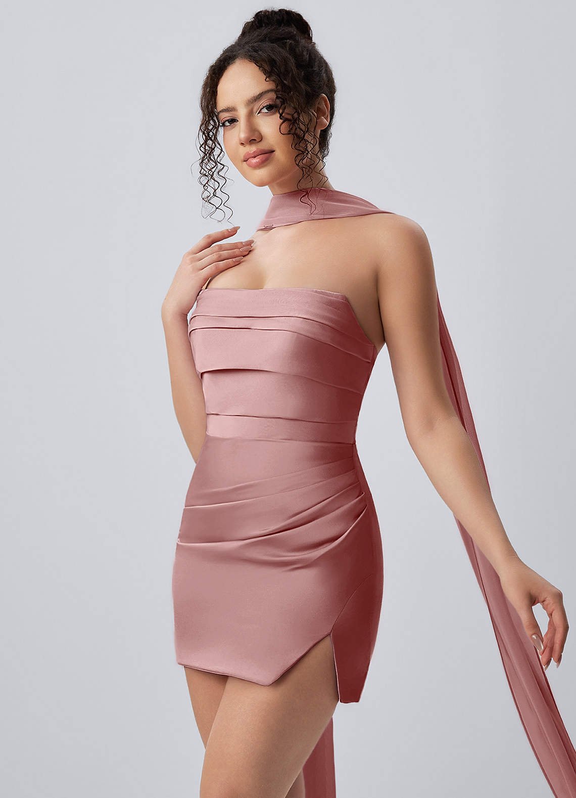 Honorine Bodycon Mini Strapless Satin Chiffon Prom Dress in Dusty Rose
