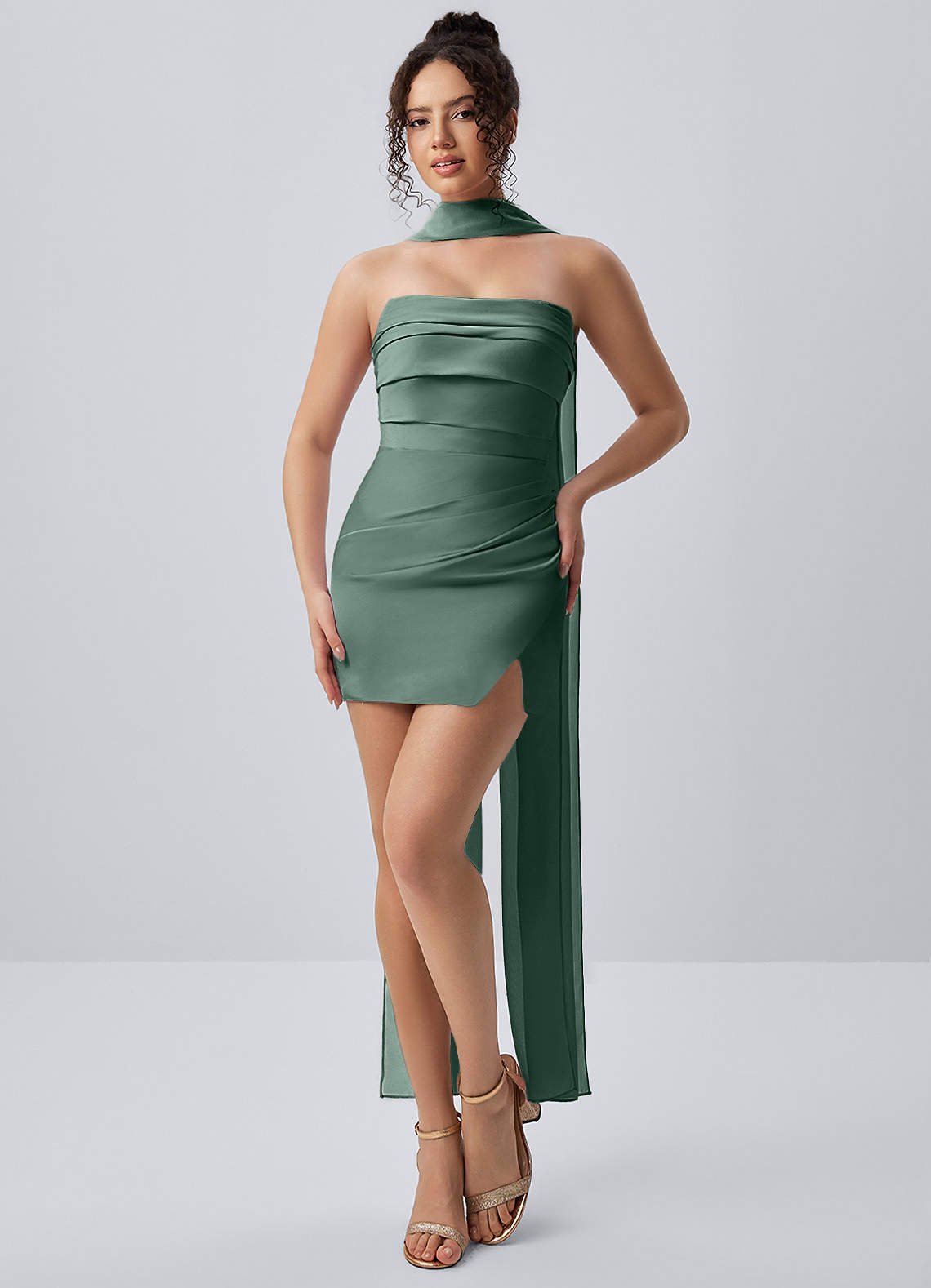 Honorine Bodycon Mini Strapless Satin Chiffon Prom Dress in eucalyptus
