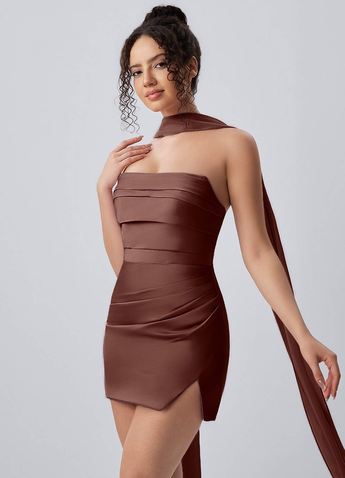 Honorine Bodycon Mini Strapless Satin Chiffon Prom Dress in Mocha Coco