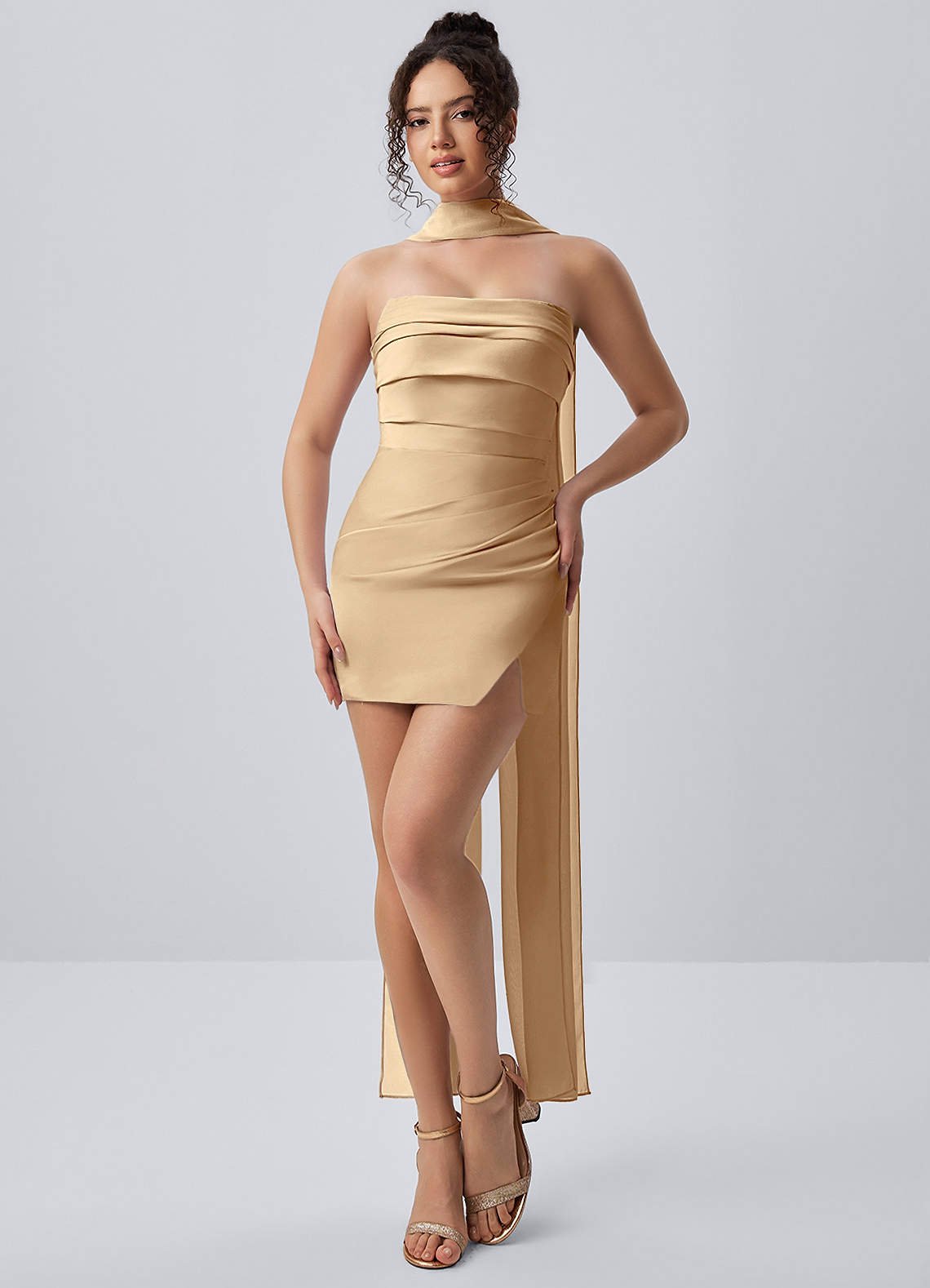 Honorine Bodycon Mini Strapless Satin Chiffon Prom Dress in Champagne