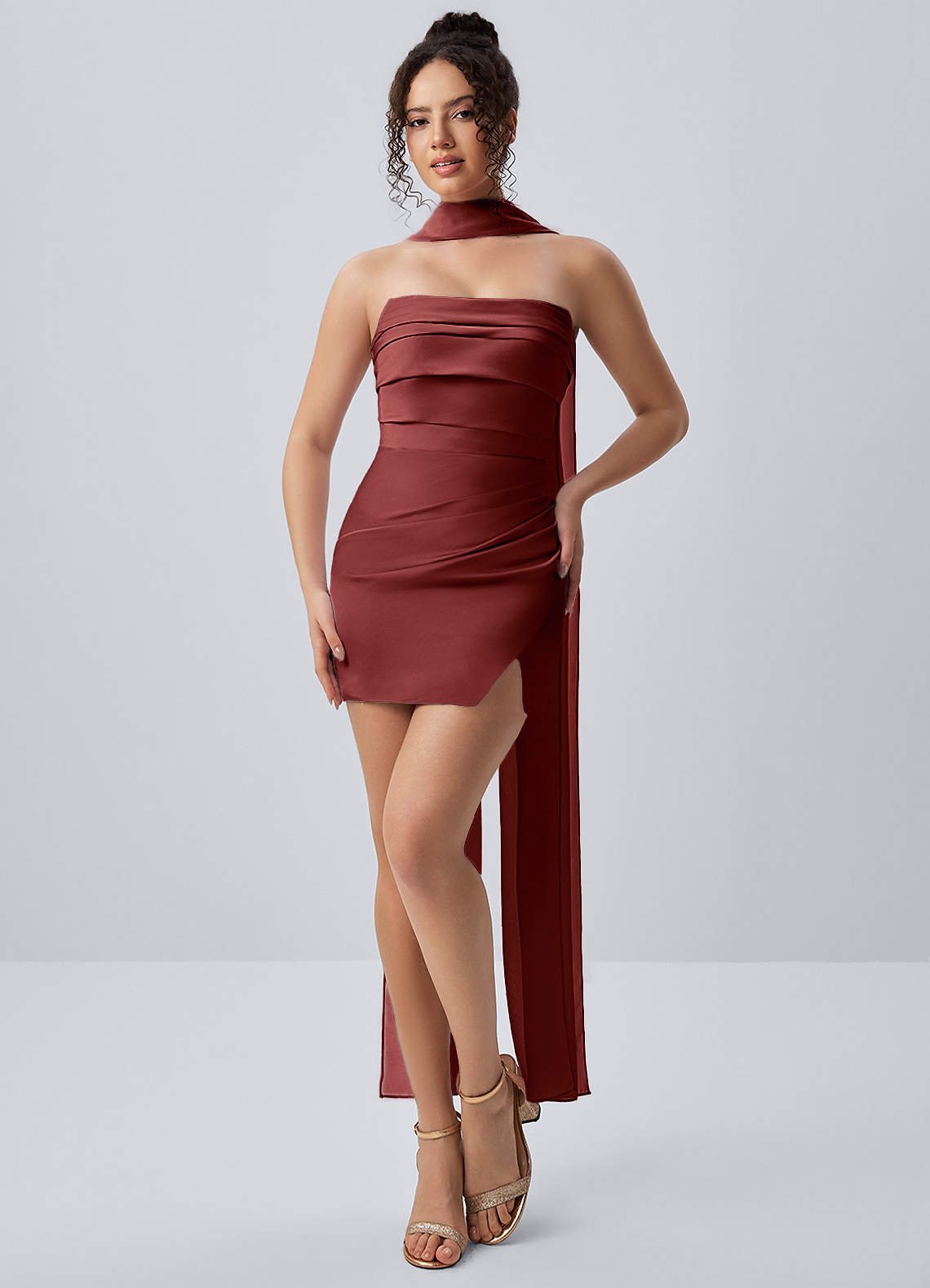 Honorine Bodycon Mini Strapless Satin Chiffon Prom Dress in Burnt Umber