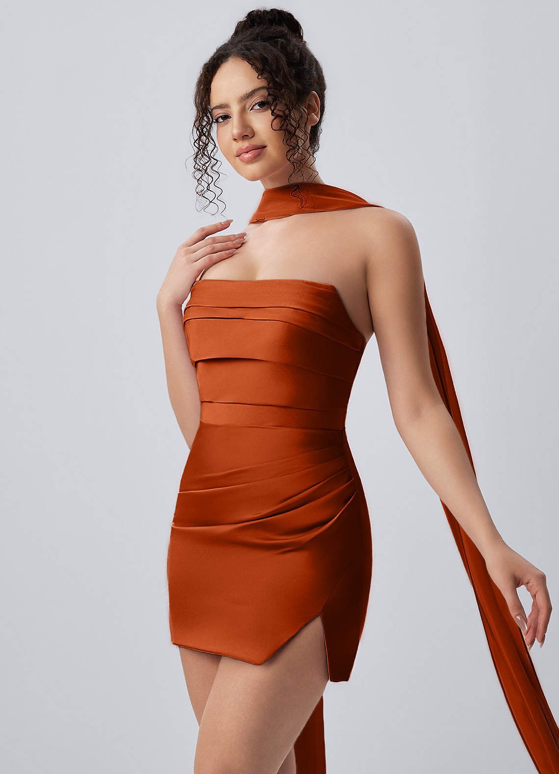 Honorine Bodycon Mini Strapless Satin Chiffon Prom Dress in Rust