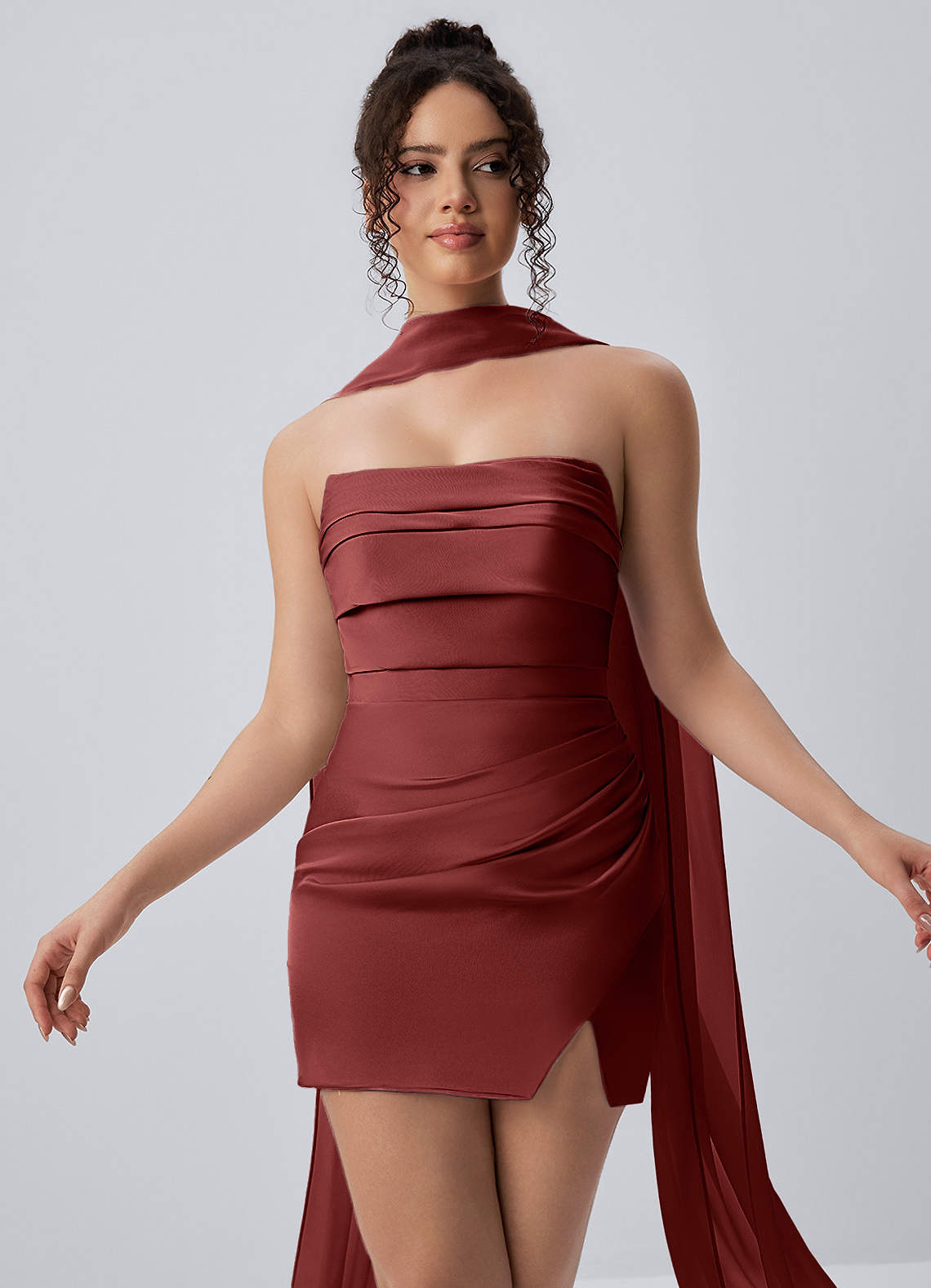 Honorine Bodycon Mini Strapless Satin Chiffon Prom Dress in Dusty Rose
