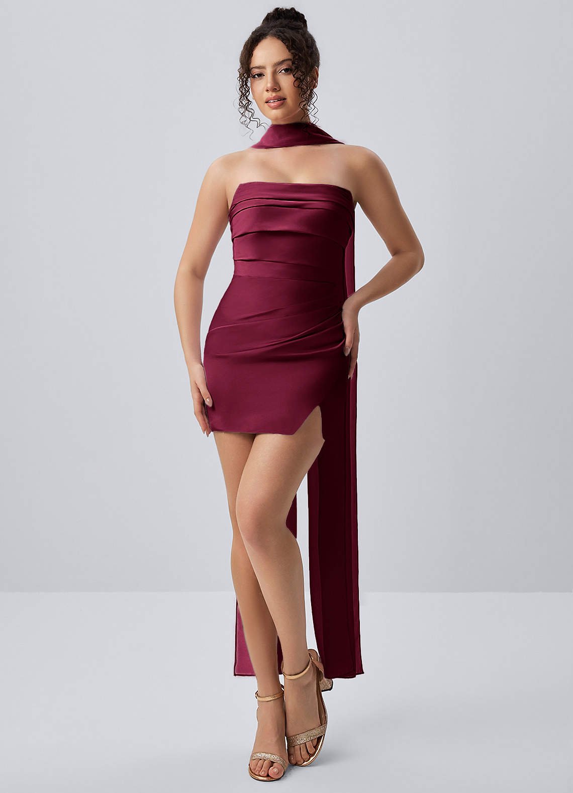 Honorine Bodycon Mini Strapless Satin Chiffon Prom Dress in Burgundy