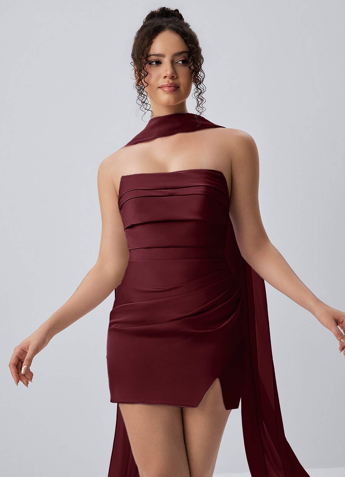 Honorine Bodycon Mini Strapless Satin Chiffon Prom Dress in Dusty Rose