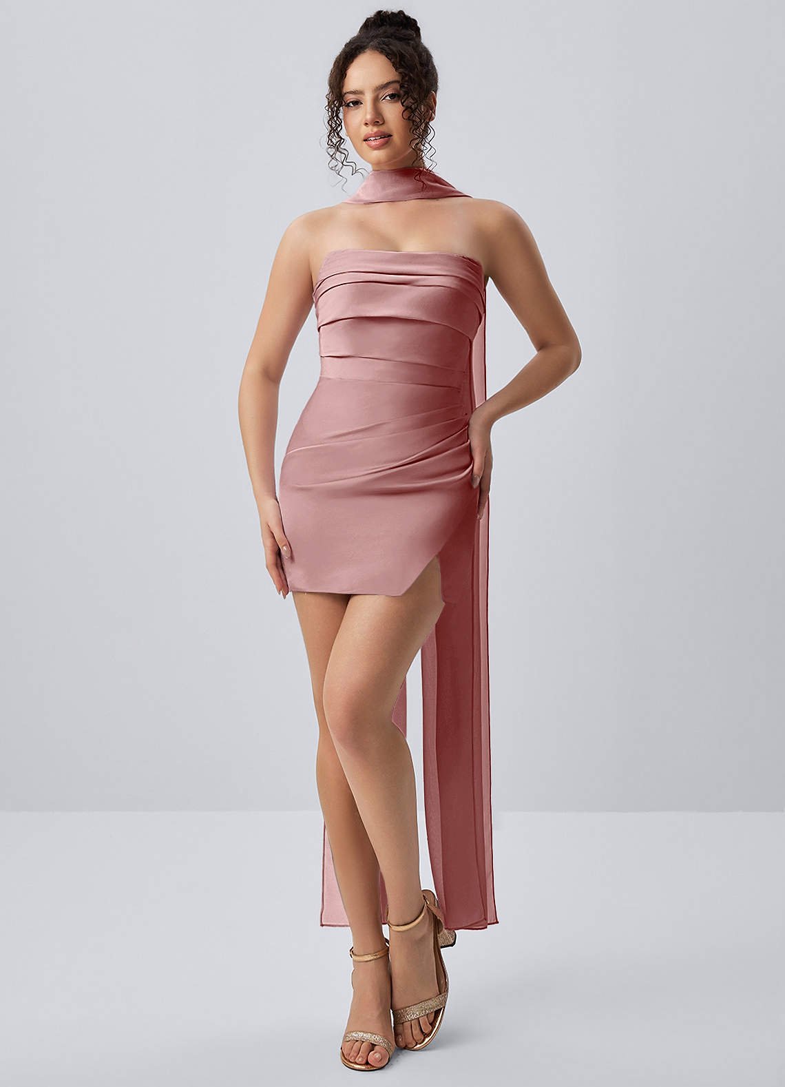 Honorine Bodycon Mini Strapless Satin Chiffon Prom Dress in Dusty Rose