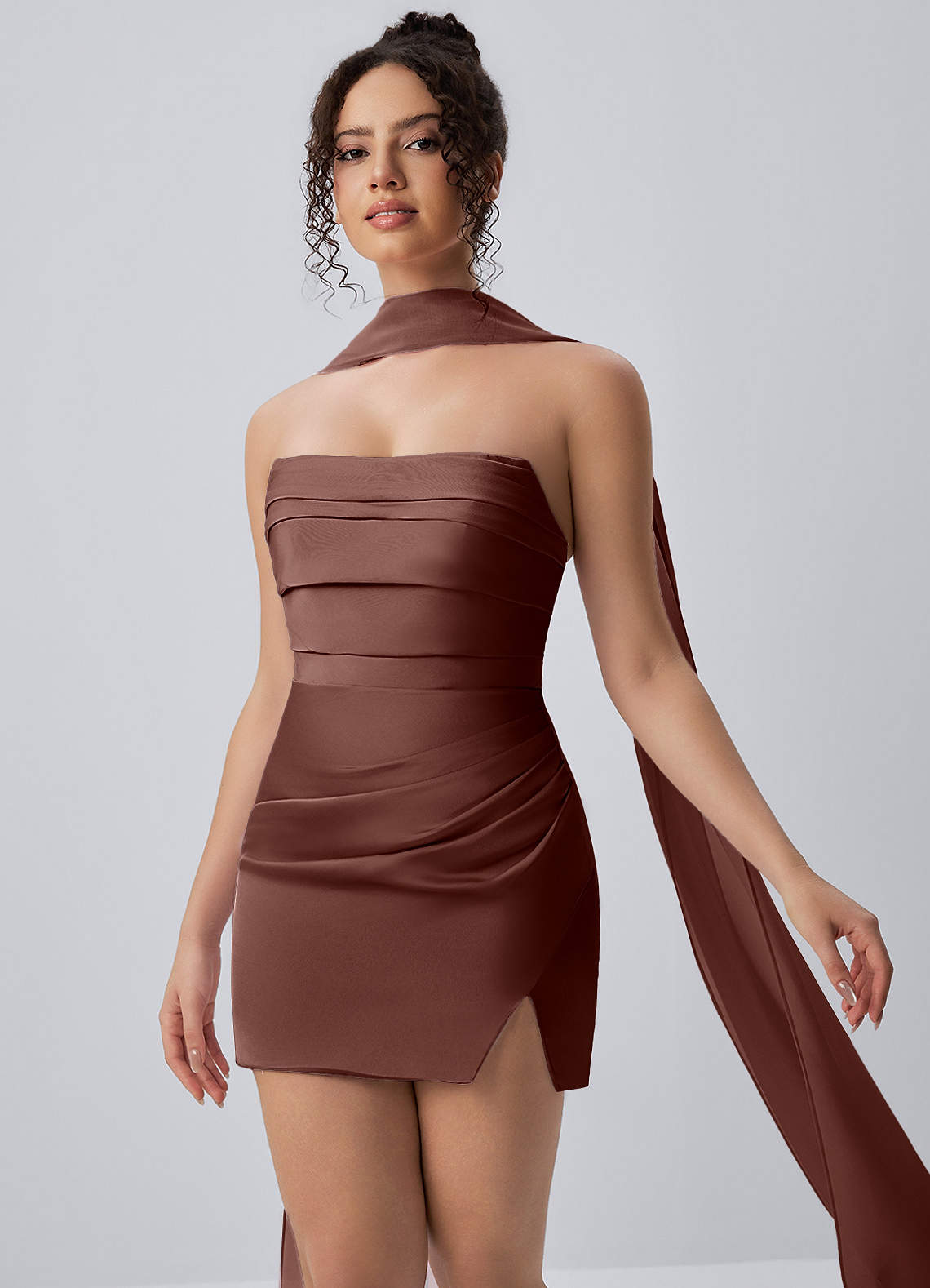 Honorine Bodycon Mini Strapless Satin Chiffon Prom Dress in Mocha Coco