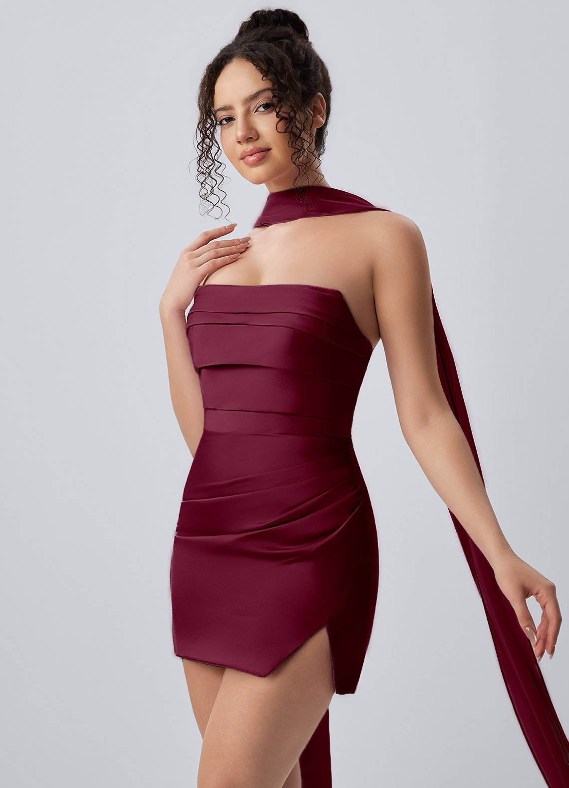Honorine Bodycon Mini Strapless Satin Chiffon Prom Dress in Mulberry