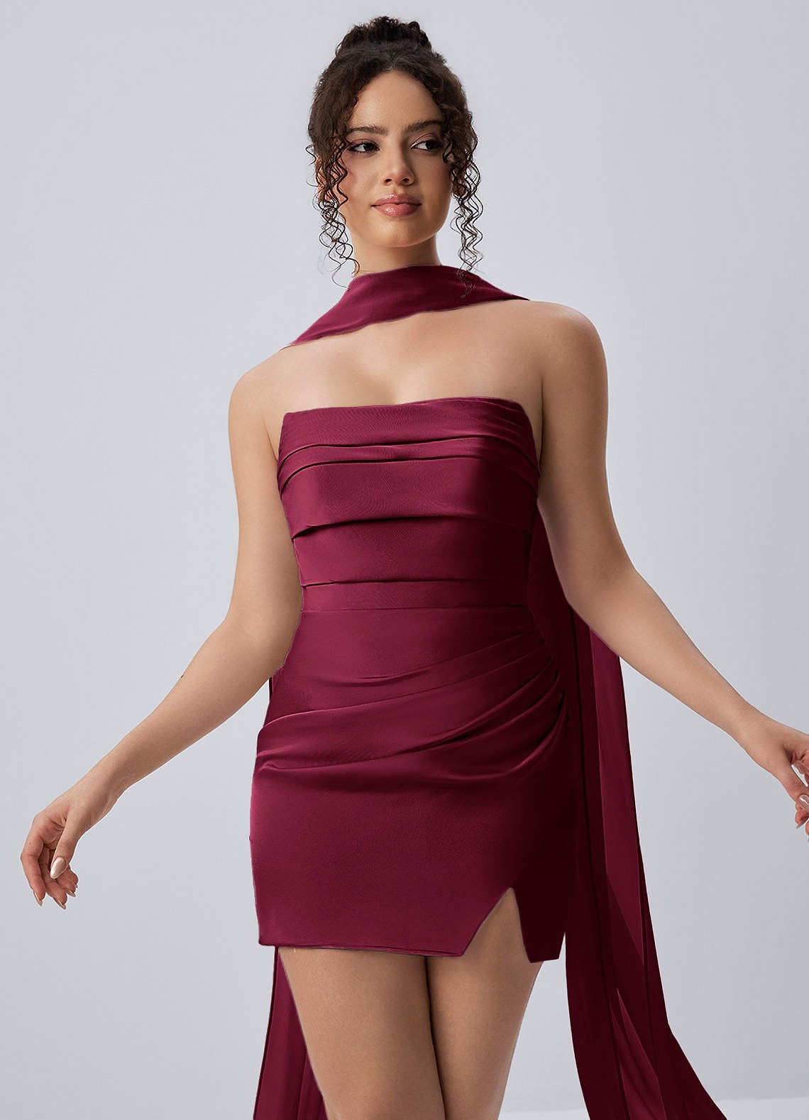 Honorine Bodycon Mini Strapless Satin Chiffon Prom Dress in Dusty Rose