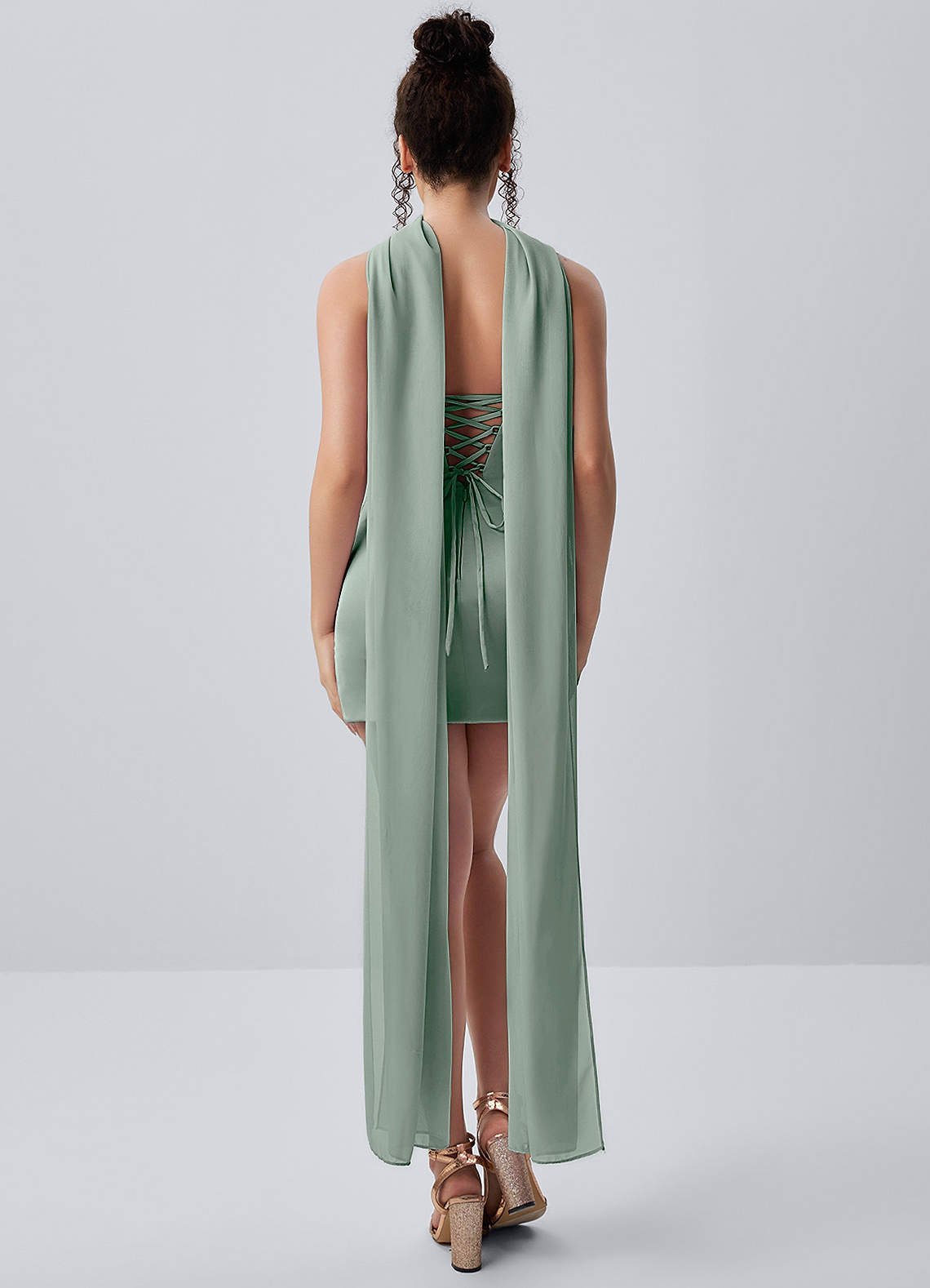 Honorine Bodycon Mini Strapless Satin Chiffon Prom Dress in Agave Green