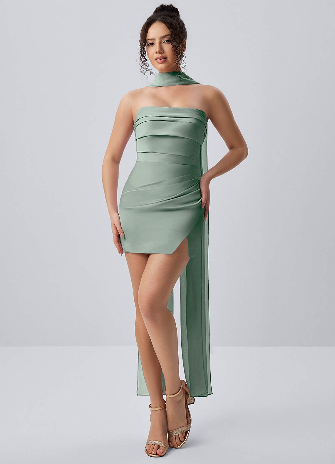 Honorine Bodycon Mini Strapless Satin Chiffon Prom Dress in Agave Green