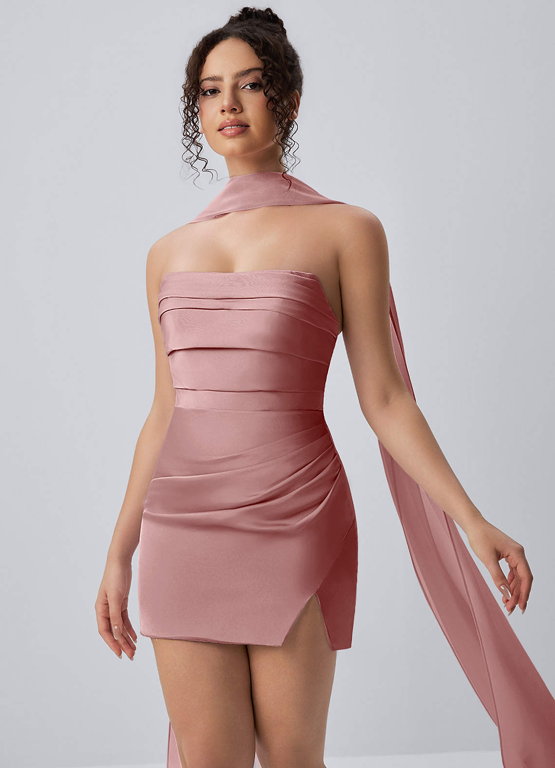 Honorine Bodycon Mini Strapless Satin Chiffon Prom Dress in Dusty Rose