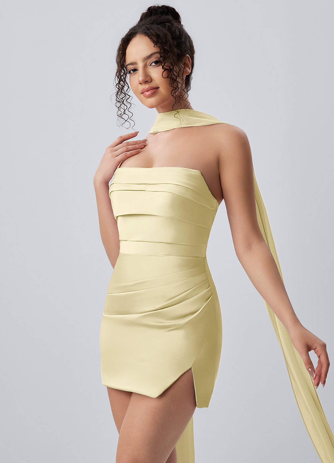 Honorine Bodycon Mini Strapless Satin Chiffon Prom Dress in Butter Yellow