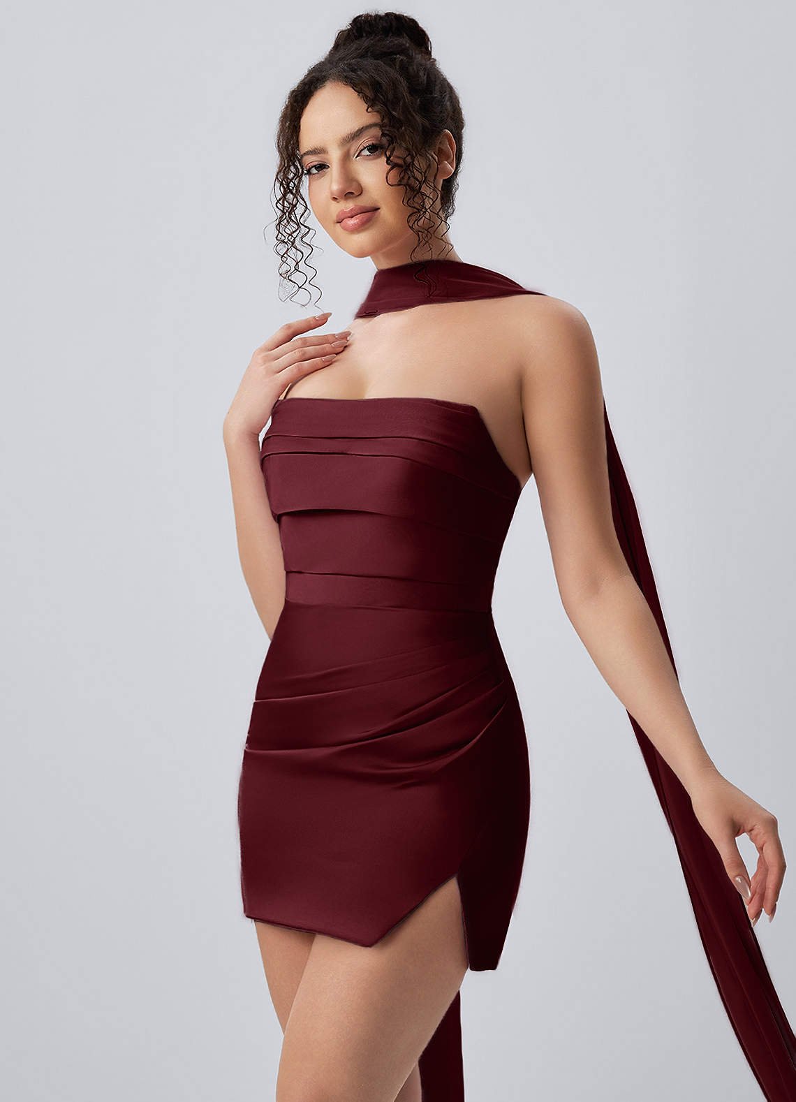 Honorine Bodycon Mini Strapless Satin Chiffon Prom Dress in Wine