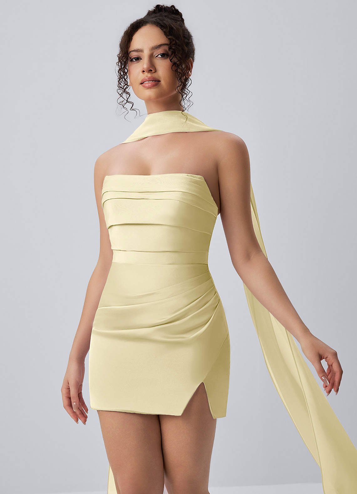 Honorine Bodycon Mini Strapless Satin Chiffon Prom Dress in Butter Yellow
