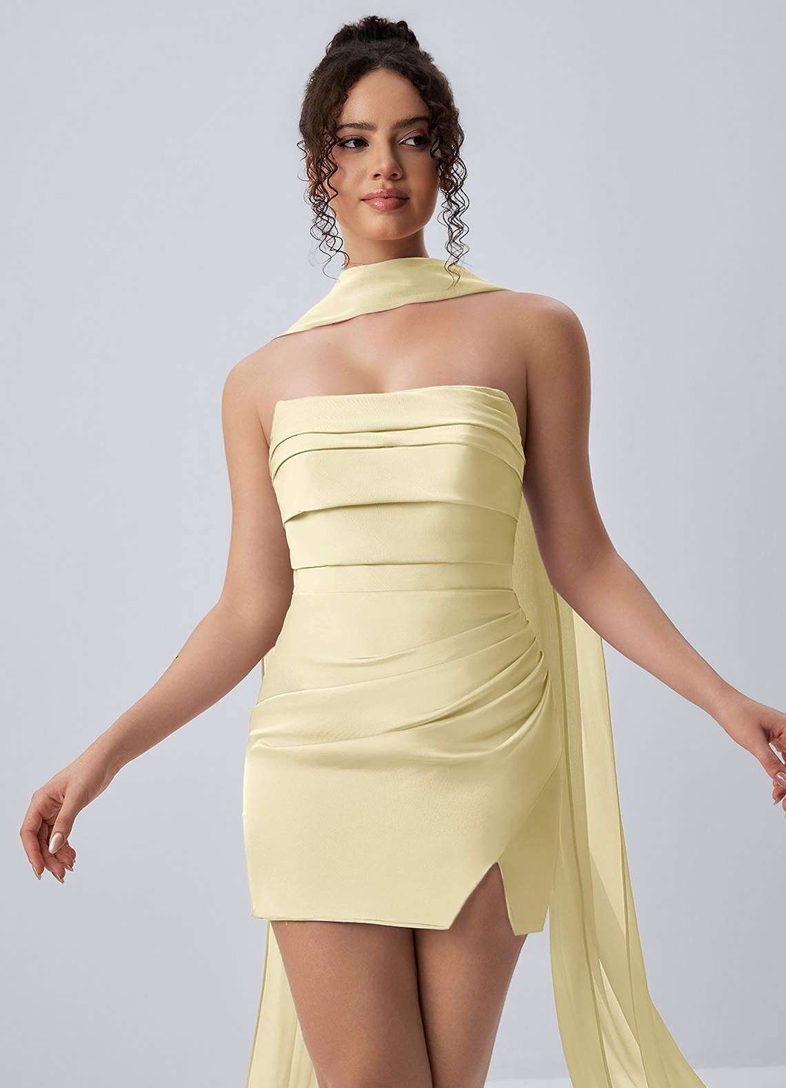Honorine Bodycon Mini Strapless Satin Chiffon Prom Dress in Dusty Rose