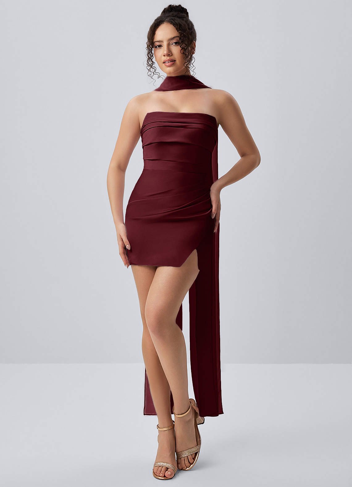 Honorine Bodycon Mini Strapless Satin Chiffon Prom Dress in Wine