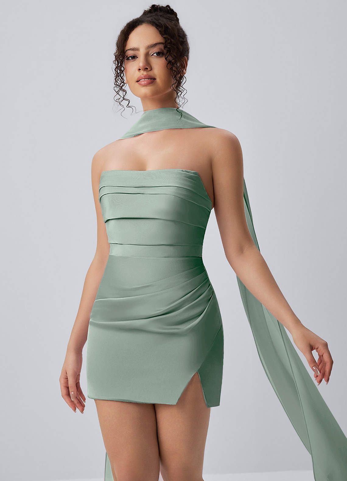 Honorine Bodycon Mini Strapless Satin Chiffon Prom Dress in Agave Green