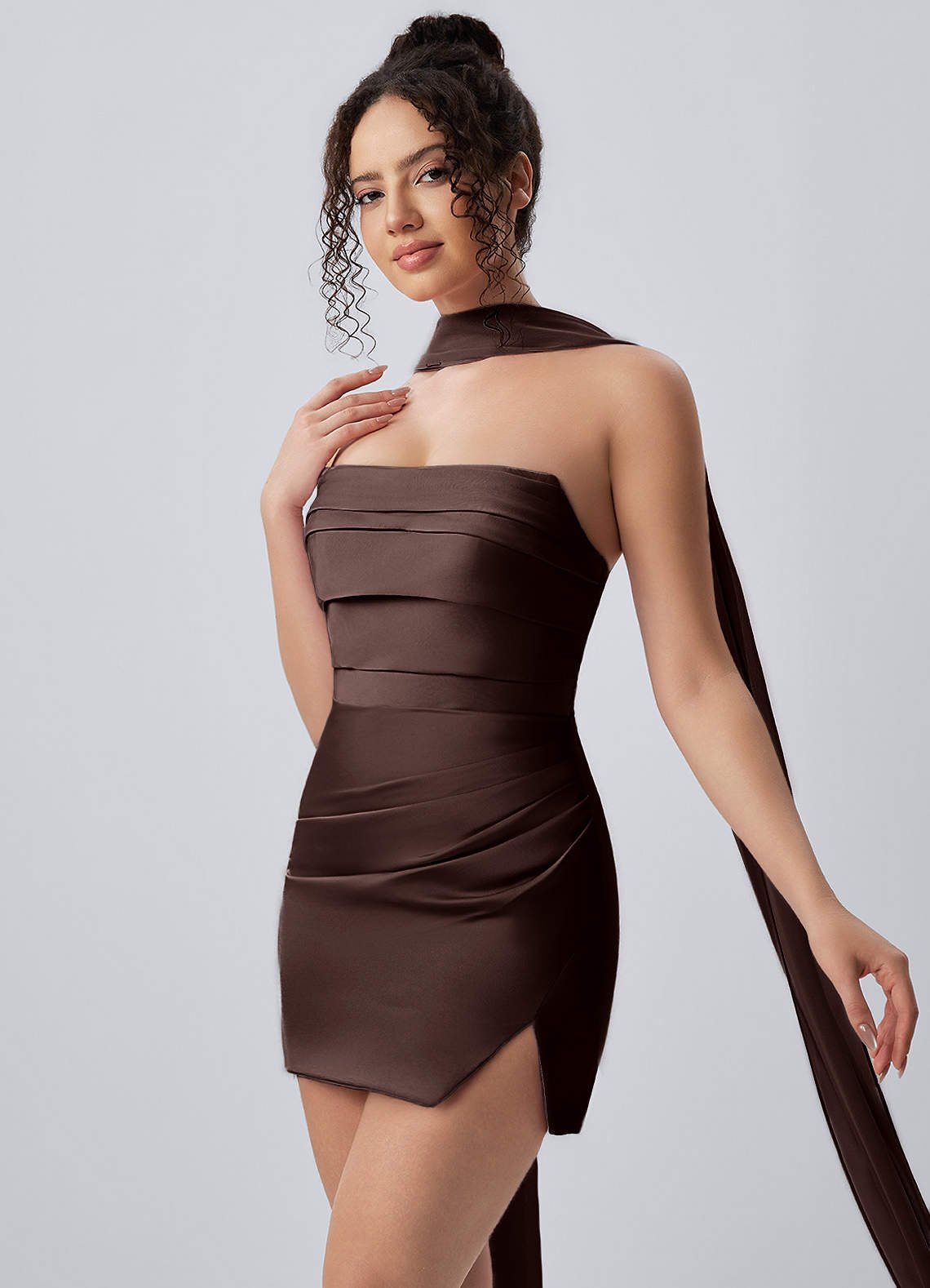 Honorine Bodycon Mini Strapless Satin Chiffon Prom Dress in Truffle