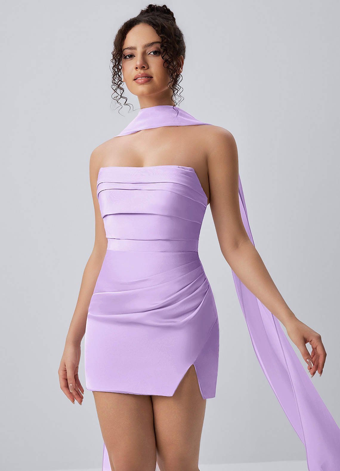 Honorine Bodycon Mini Strapless Satin Chiffon Prom Dress in Lilac