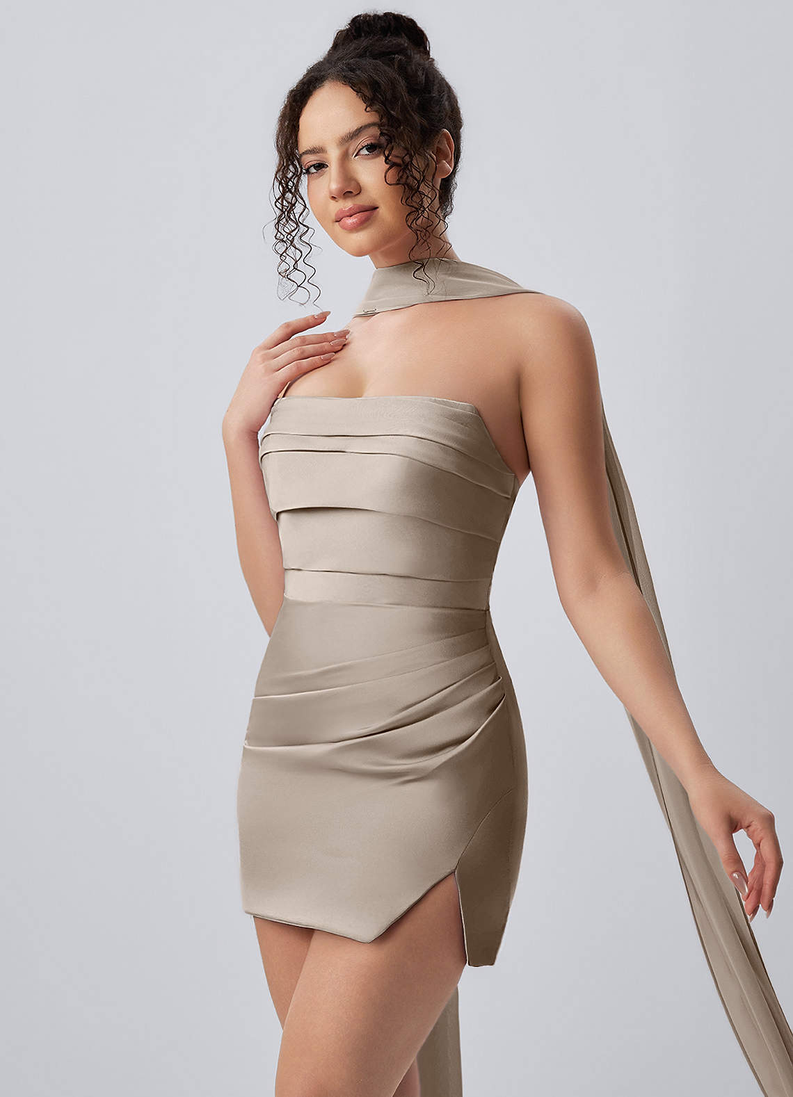 Honorine Bodycon Mini Strapless Satin Chiffon Prom Dress in Vanilla