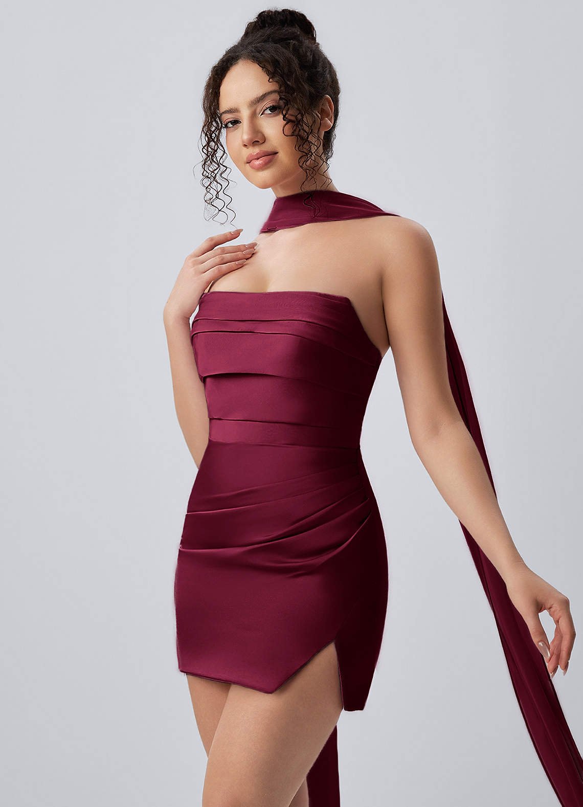 Honorine Bodycon Mini Strapless Satin Chiffon Prom Dress in Burgundy