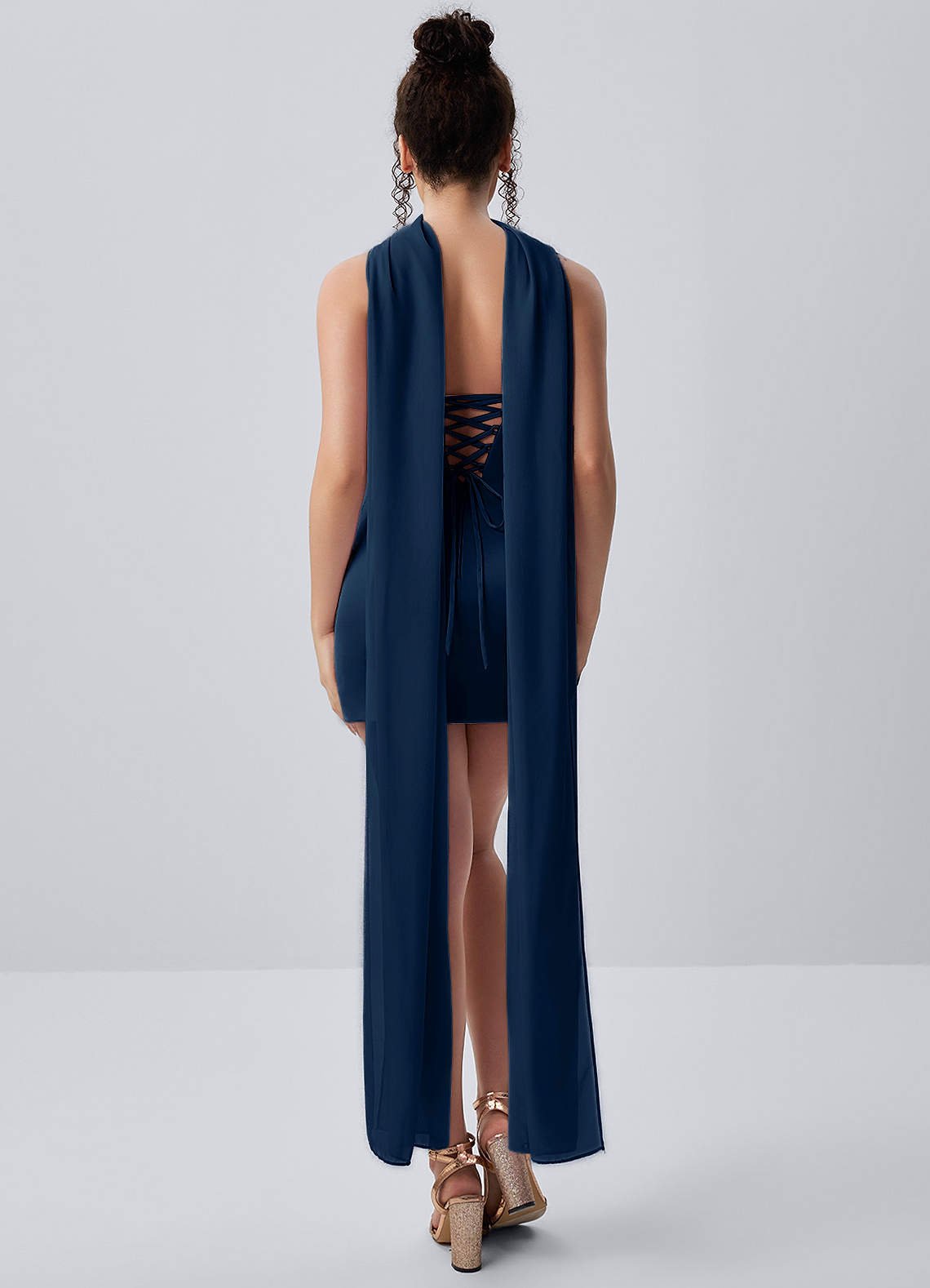 Honorine Bodycon Mini Strapless Satin Chiffon Prom Dress in Navy