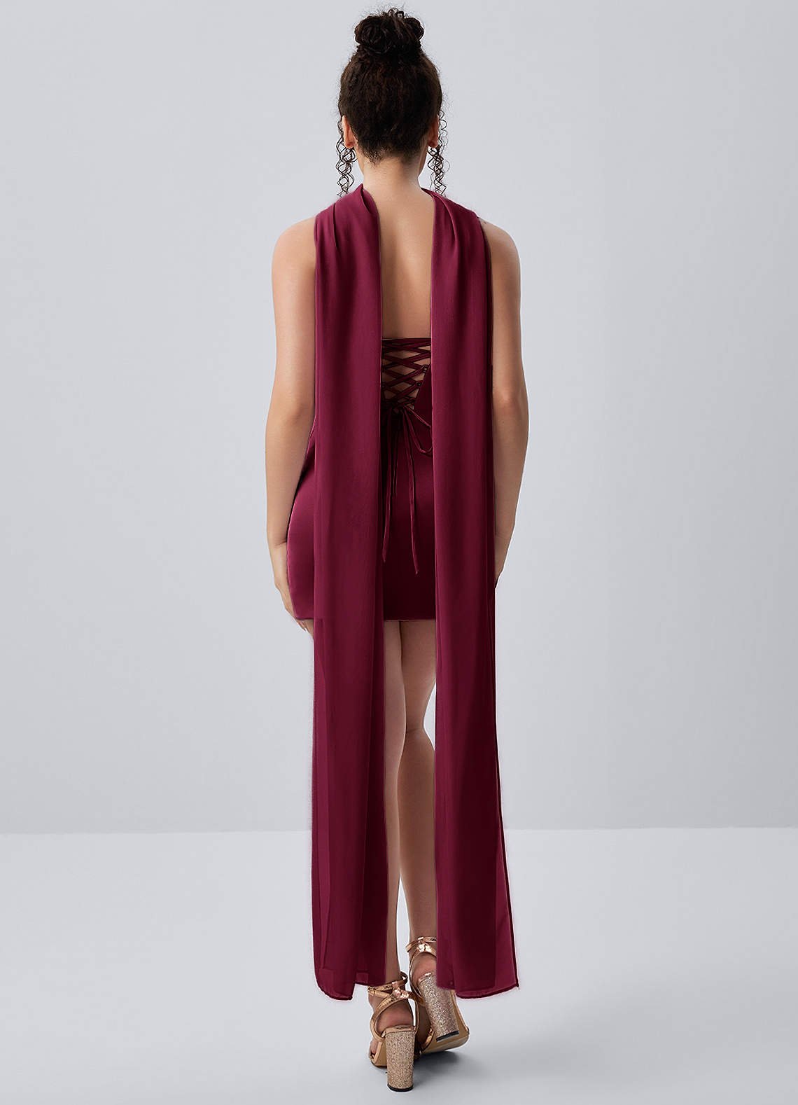 Honorine Bodycon Mini Strapless Satin Chiffon Prom Dress in Burgundy