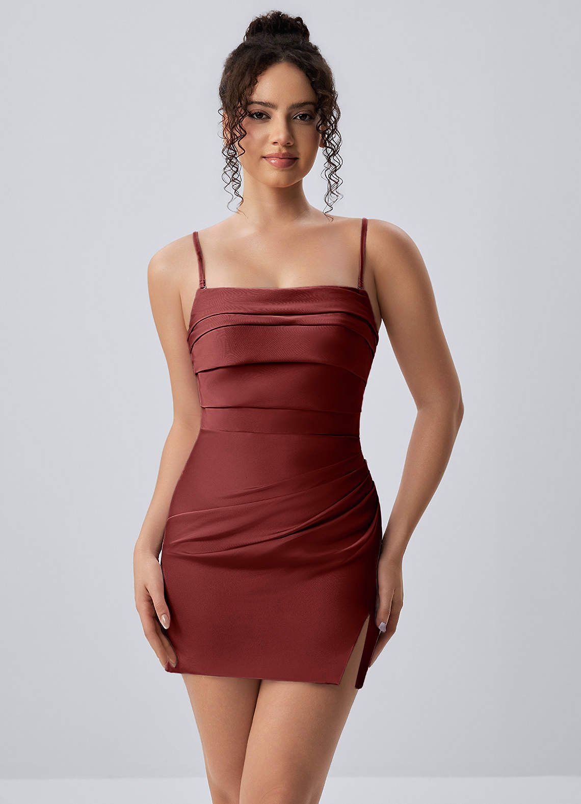 Honorine Bodycon Mini Strapless Satin Chiffon Prom Dress in Burnt Umber