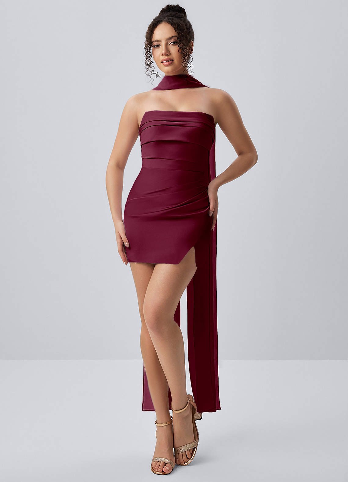 Honorine Bodycon Mini Strapless Satin Chiffon Prom Dress in Mulberry