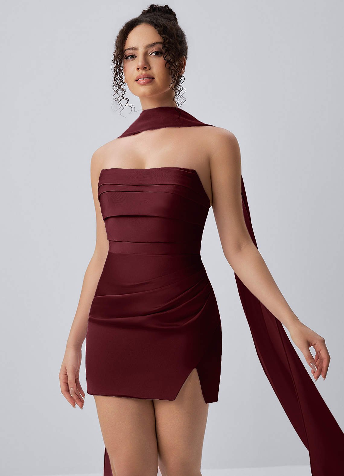 Honorine Bodycon Mini Strapless Satin Chiffon Prom Dress in Wine