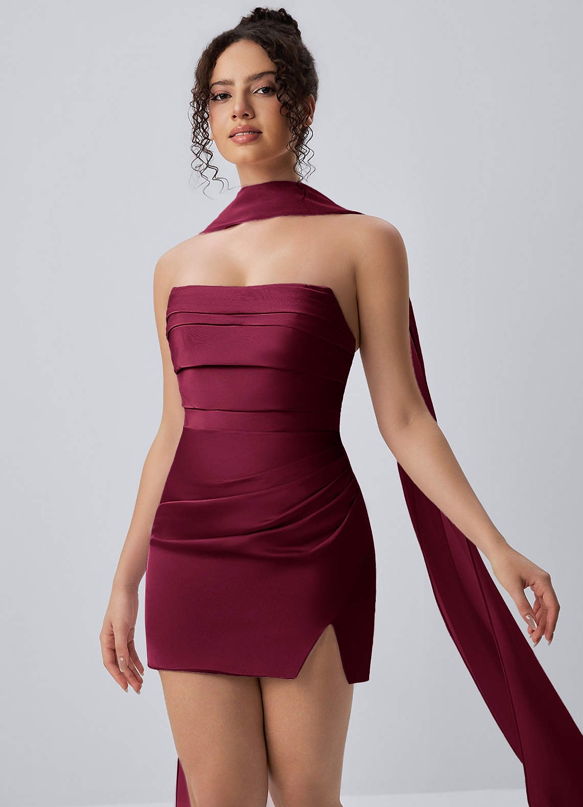 Honorine Bodycon Mini Strapless Satin Chiffon Prom Dress in Burgundy