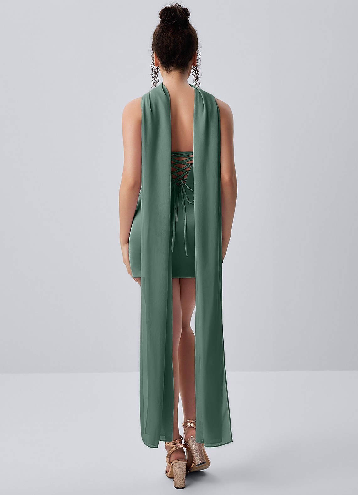 Honorine Bodycon Mini Strapless Satin Chiffon Prom Dress in eucalyptus