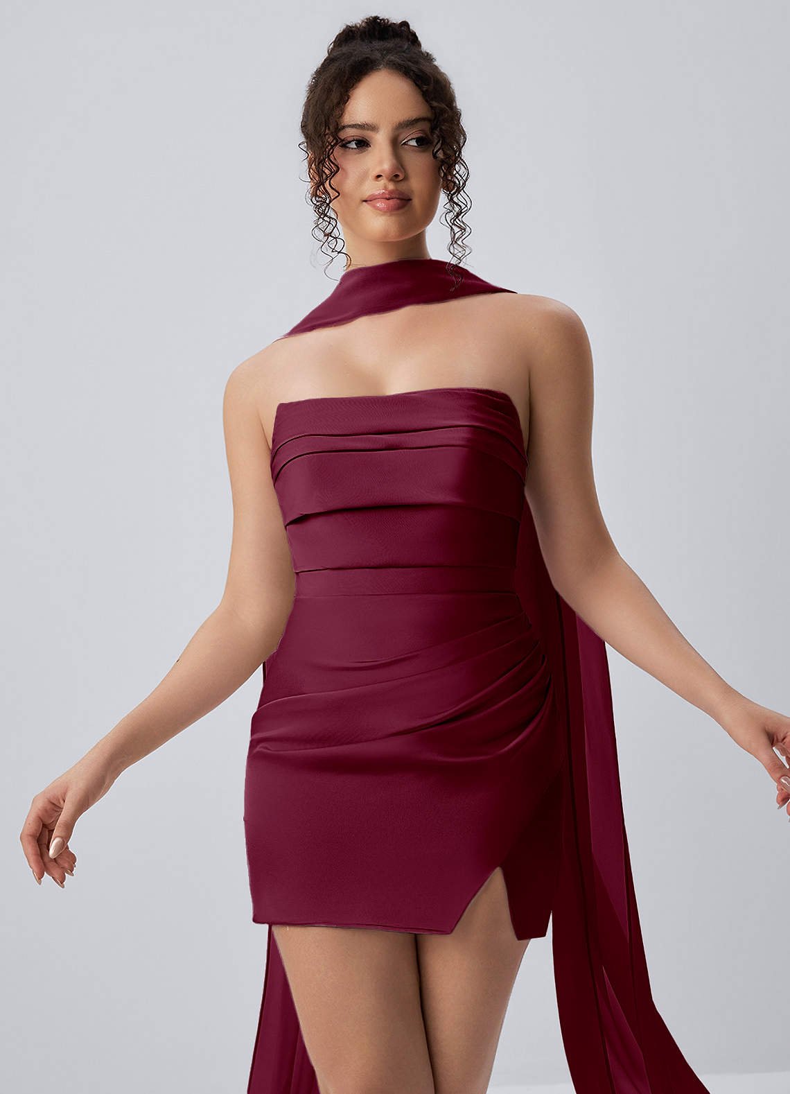 Honorine Bodycon Mini Strapless Satin Chiffon Prom Dress in Dusty Rose