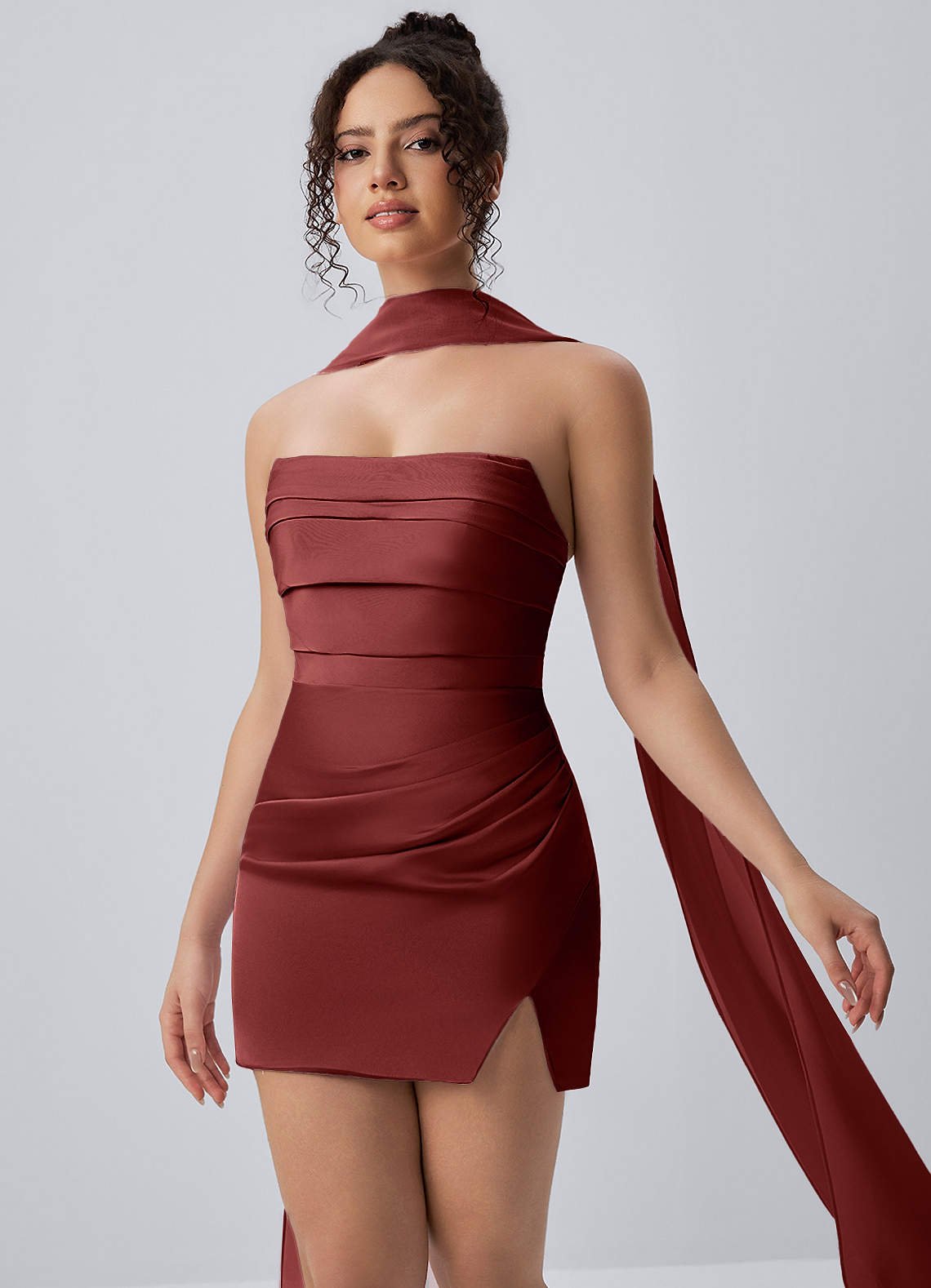 Honorine Bodycon Mini Strapless Satin Chiffon Prom Dress in Burnt Umber