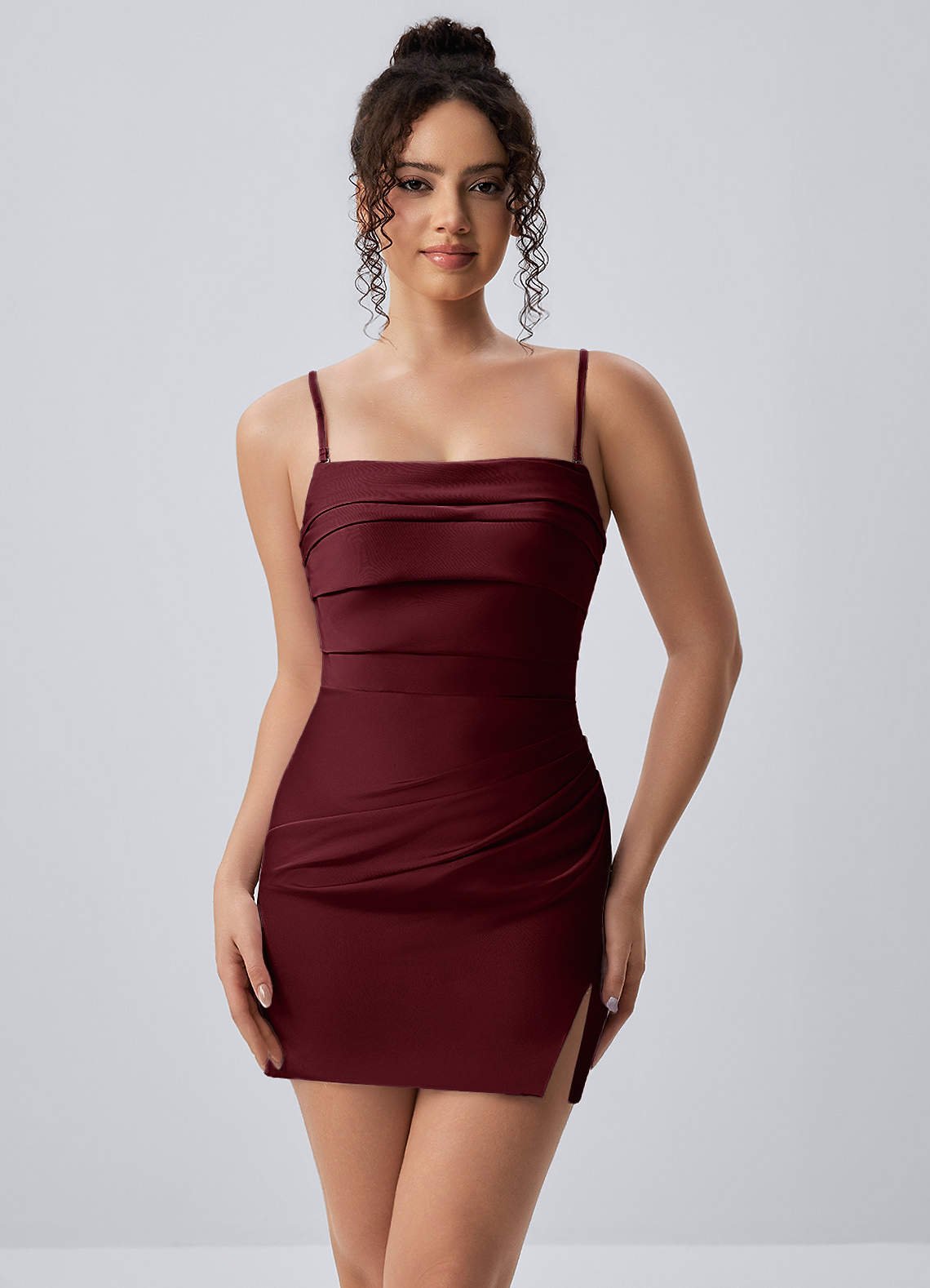 Honorine Bodycon Mini Strapless Satin Chiffon Prom Dress in Wine
